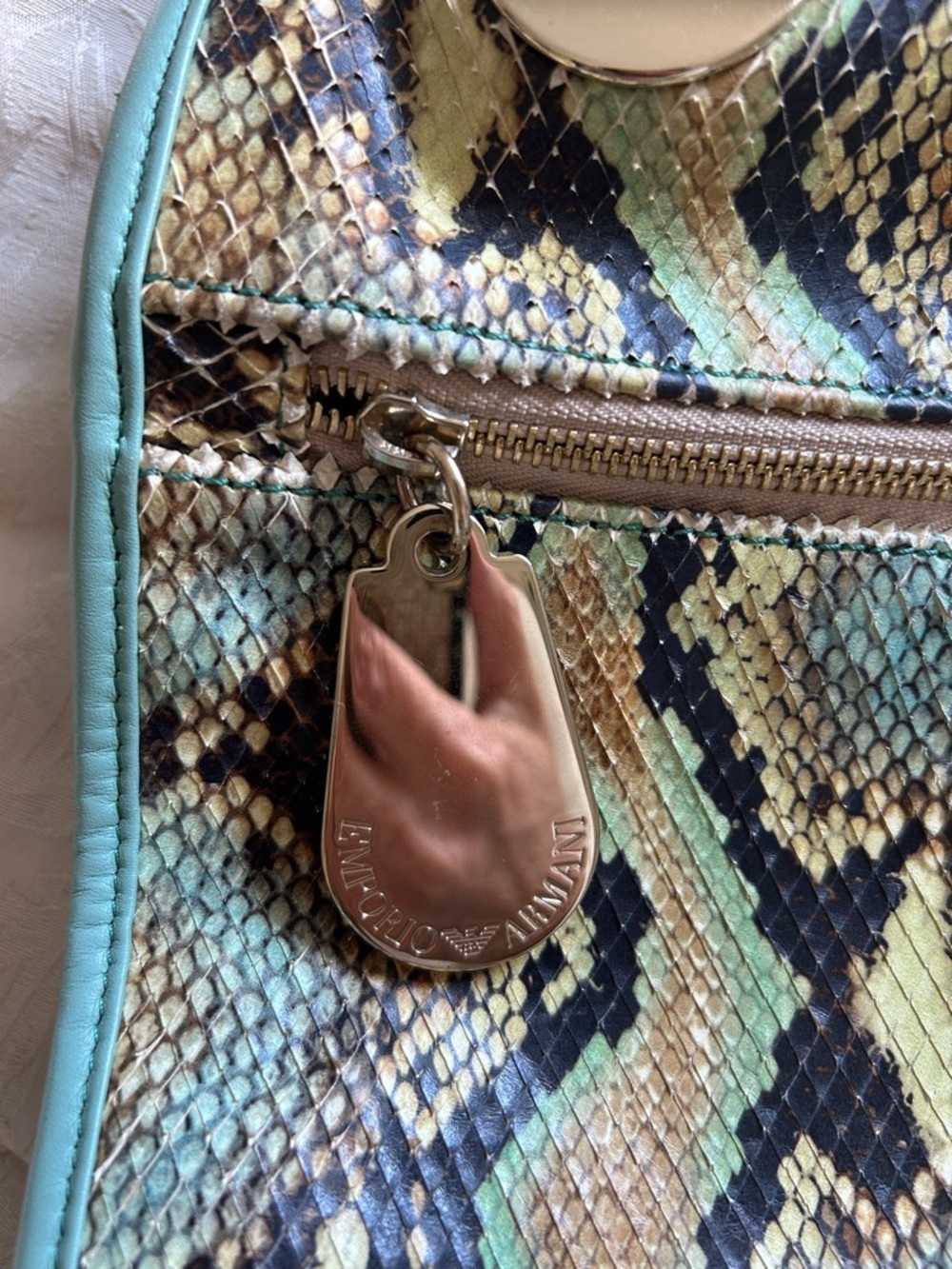 7029. Emporio Armani Mint, Black and Tan Genuine Snakeskin Shoulder Bag - Picture 2 of 12